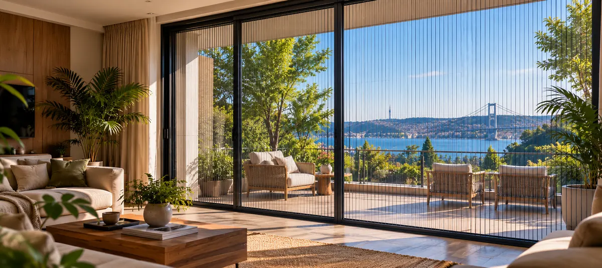 Boğaz manzaralı geniş balkon kapısına takılmış dikey plise sineklik